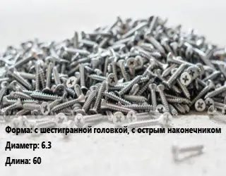 Шуруп с шестигранной головкой, с острым наконечником 6.3х60